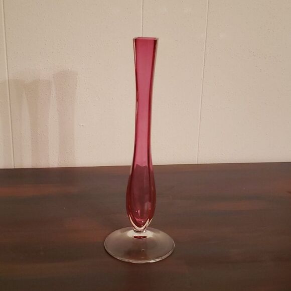 Vintage Beautiful Val St Lambert Cranberry Glass Flower Bud Vase Clear Base - Picture 4 of 9